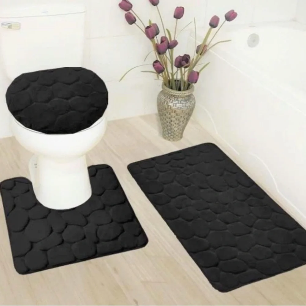3 piece Bath Black Plain Not Cobblestone THIN Cushioned Bath Mat Set Final Sale